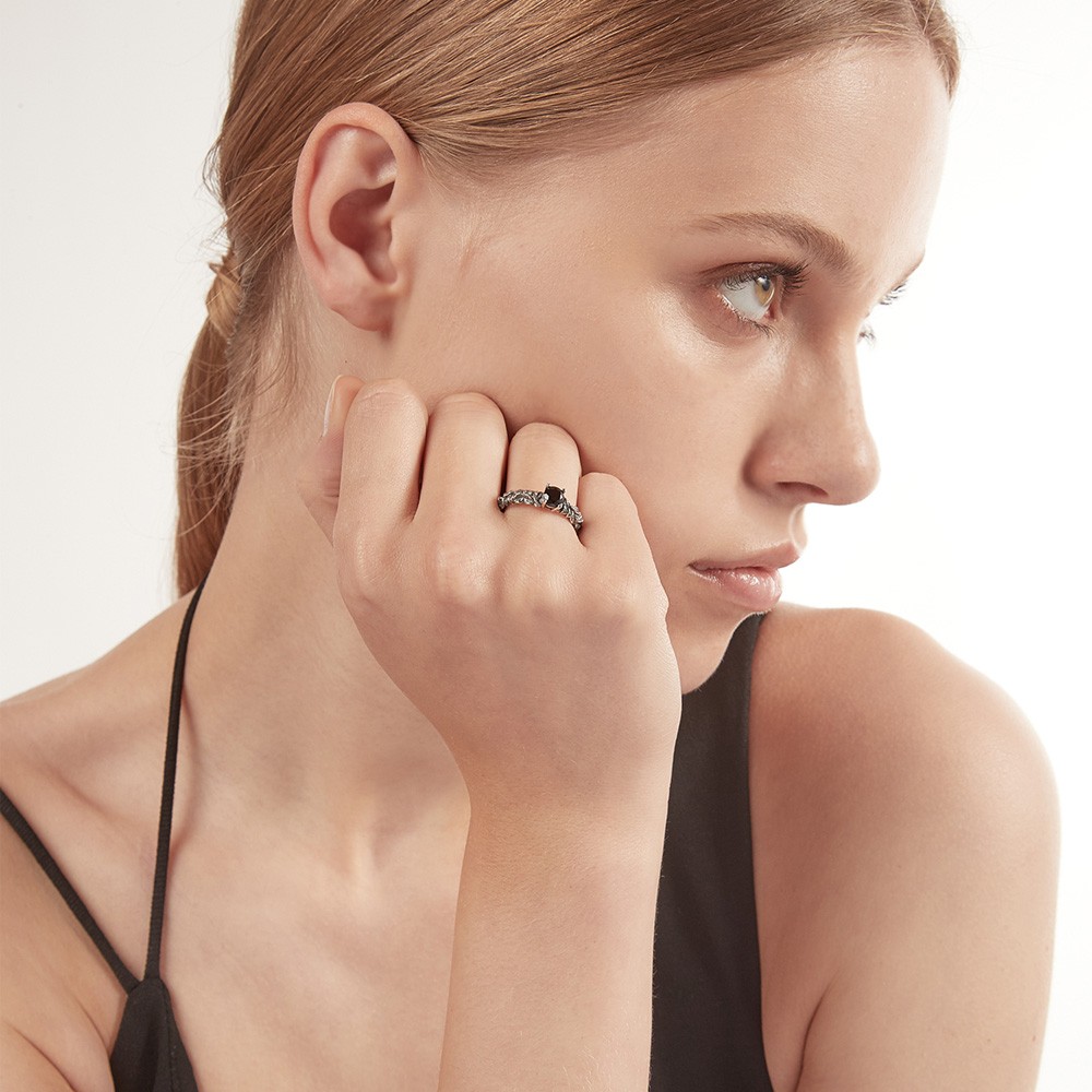 Fedina solitario foglie zircone nero argento brunito lucido Nove25 - NOVE25