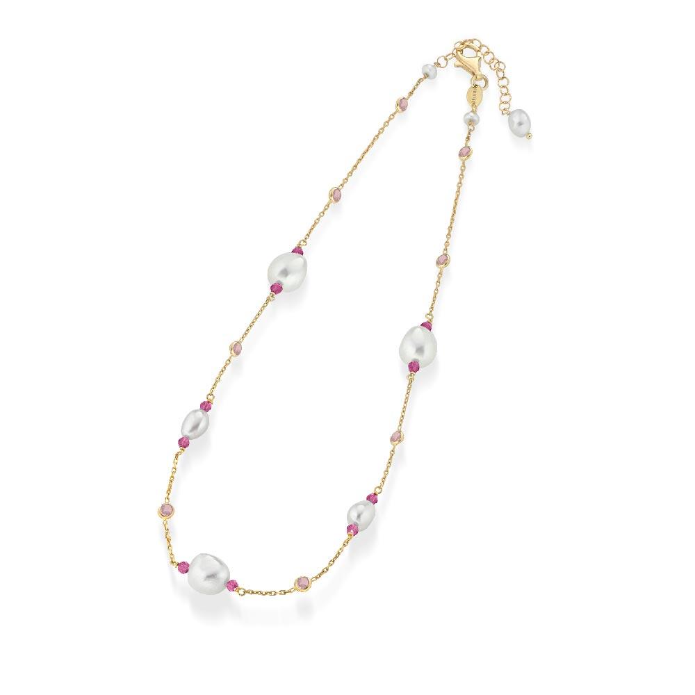 Collana argento con perle naturali e gemme rosa - GLAMOUR