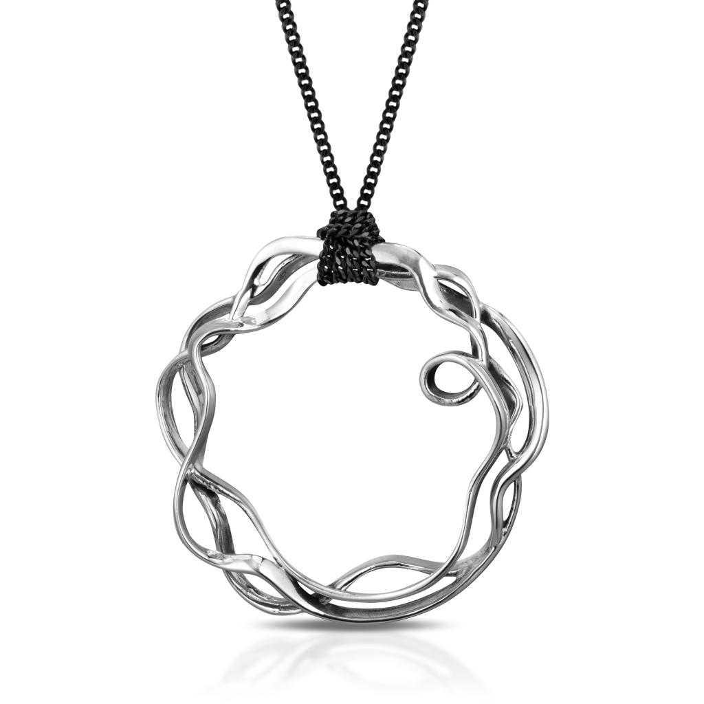 90cm long 925 silver necklace with double burnished chain and embroidered circle - MARESCA OFFICINE ORAFE