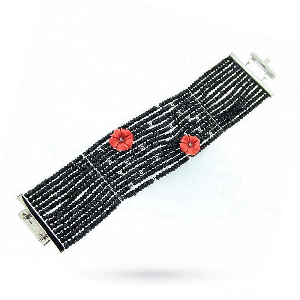  Bracciale tormaline nere fiori corallo rosso diamanti 0,04ct - ASCIONE