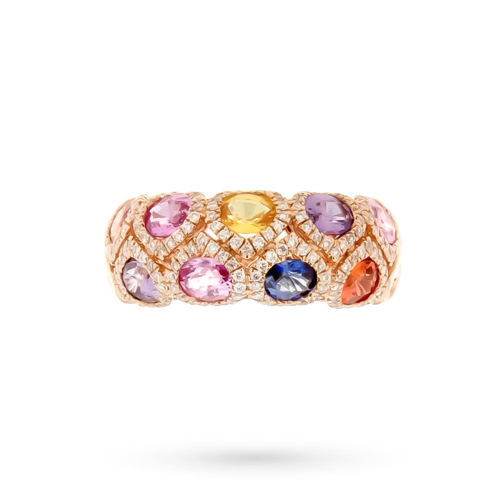  Anello oro rosa zaffiri multicolor 2,70ct contorno diamanti 0,41ct - CICALA
