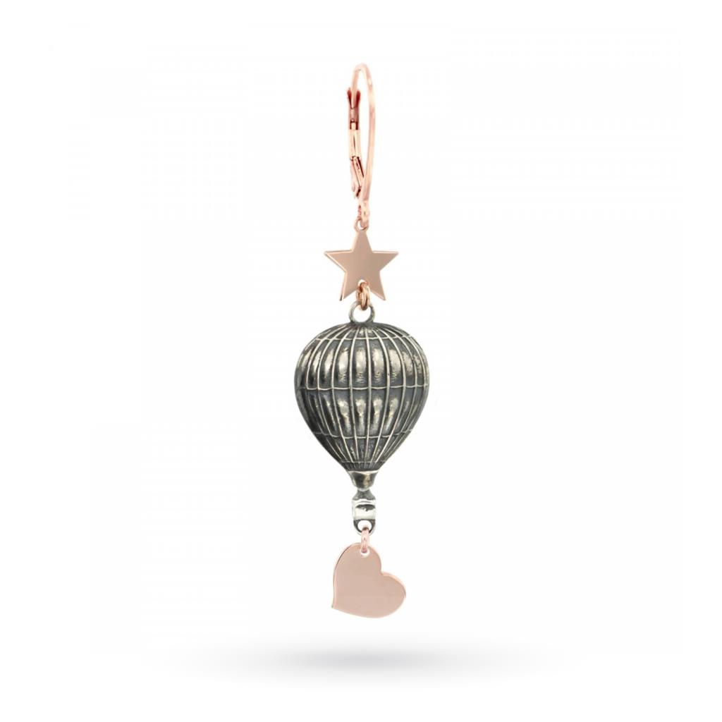 Single earring with hot air balloon and heart pendant in 925 silver  - MAMAN ET SOPHIE