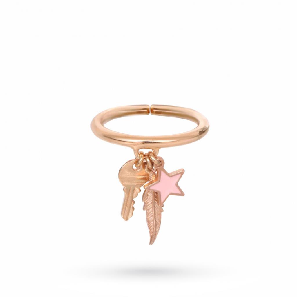 Ring with key, feather and pink enameled star - MAMAN ET SOPHIE