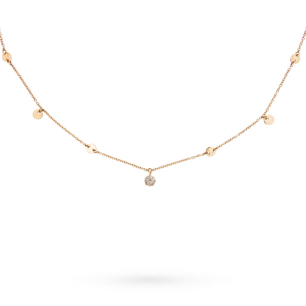 Girocollo oro rosa dischetti lucidi ciondolo diamanti 0,06ct - LUSSO ITALIANO