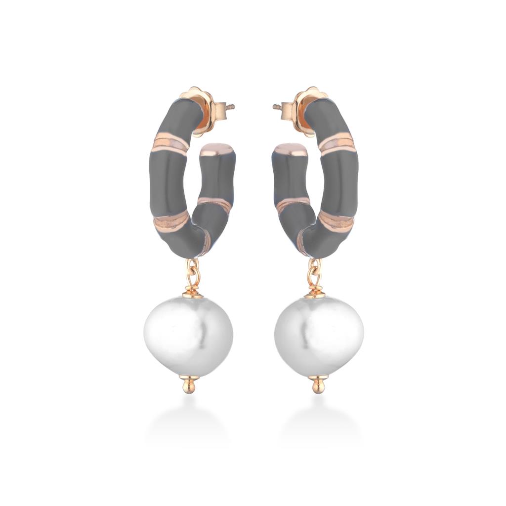LeLune earrings in rose silver, pearls and dark gray enamel - GLAMOUR