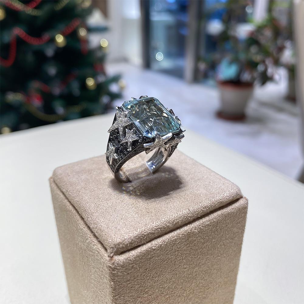  Large aquamarine gold ring white and black diamonds - CICALA