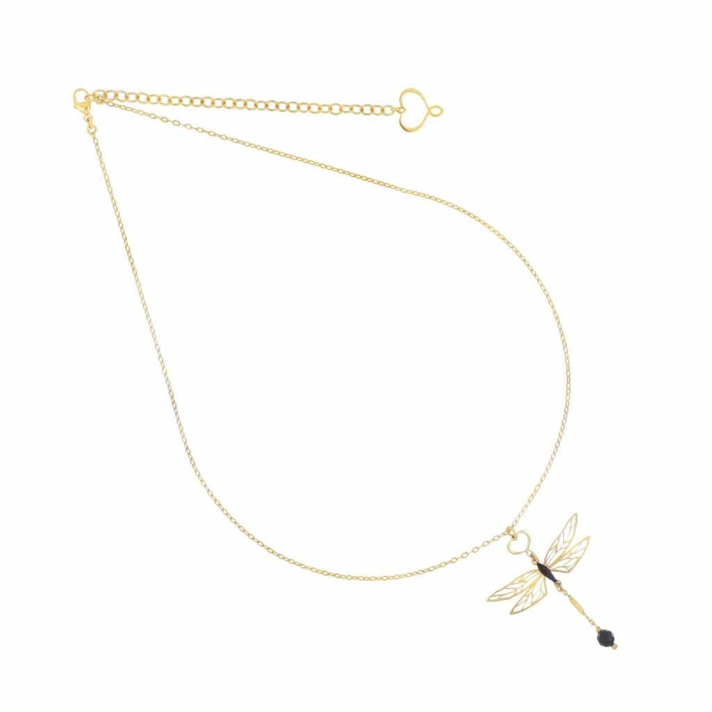 Girocollo Maman et Sophie in argento 925 con galvanica oro giallo, cuore traforato e libellula smaltata nera con sfera di spinello.