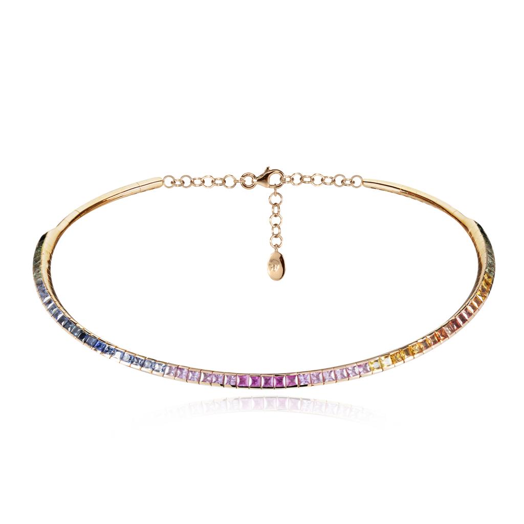 8.12 ct. Princess cut rainbow sapphires yellow gold choker necklace - RF JEWELS