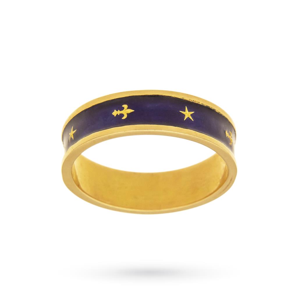 Vintage gold ring with blue enamel and symbols - 