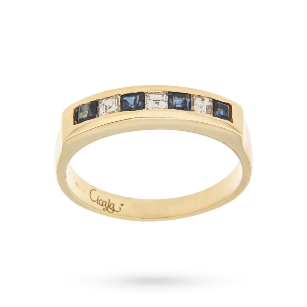 18kt yellow gold riviera ring with sapphires and square cut diamonds - CICALA