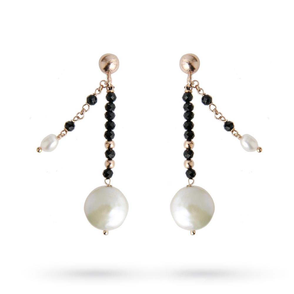 Orecchini pendenti argento 2 fili perle spinello nero - GLAMOUR