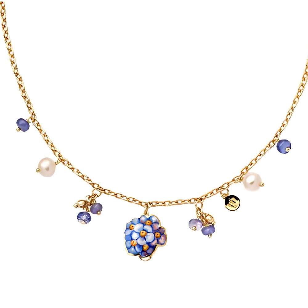 Collana Gabriella Rivalta in oro con fiore nontiscordardime smaltato, perle e zaffiri