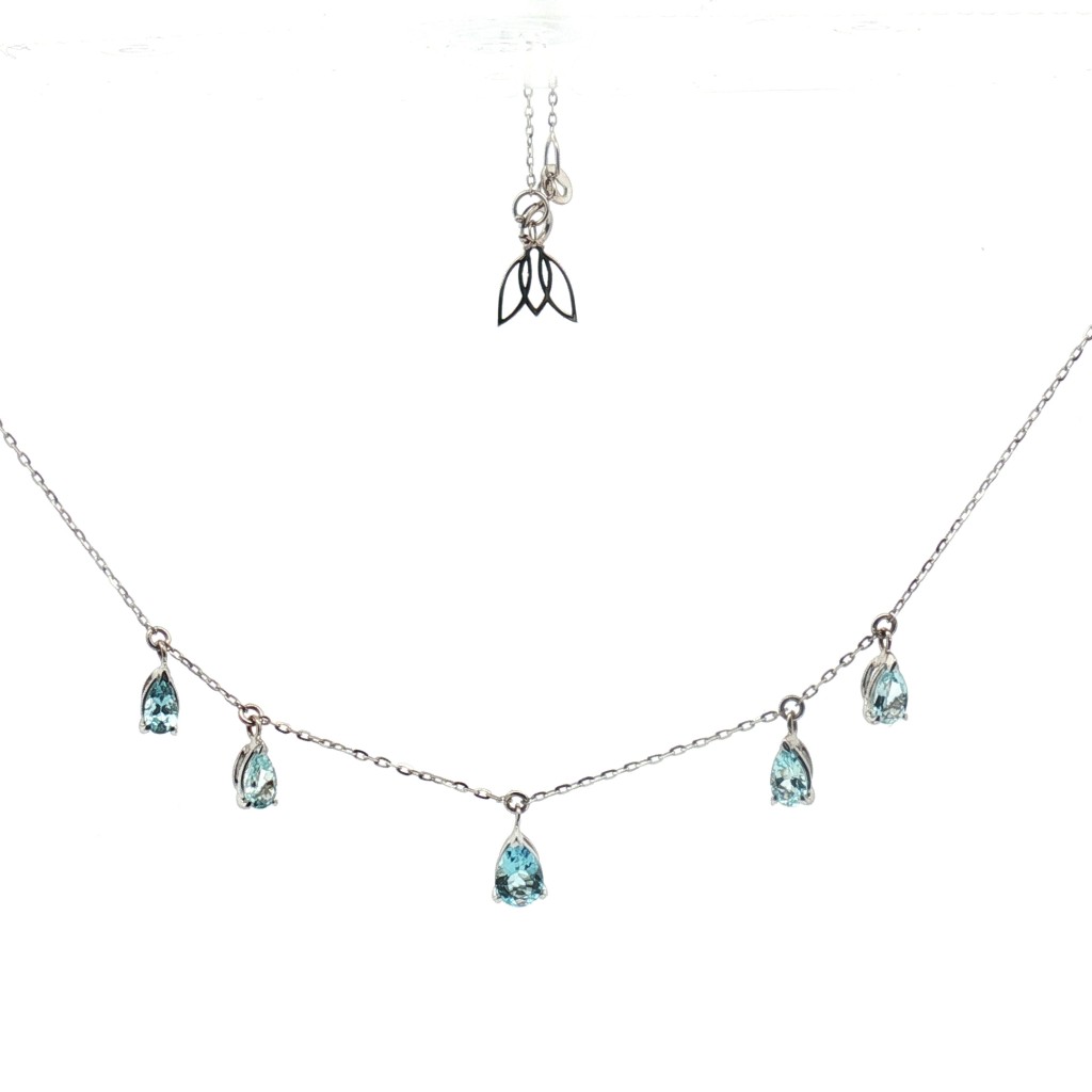 Collana in Oro Bianco con 5 Acquamarine a Goccia Pendenti - 0.92 ct | 45 cm - CICALA