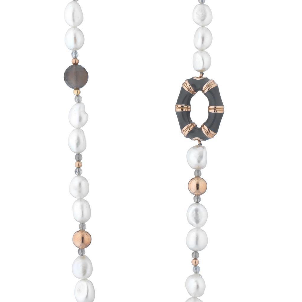  Freshwater pearl necklace and rose silver dark gray agate - GLAMOUR