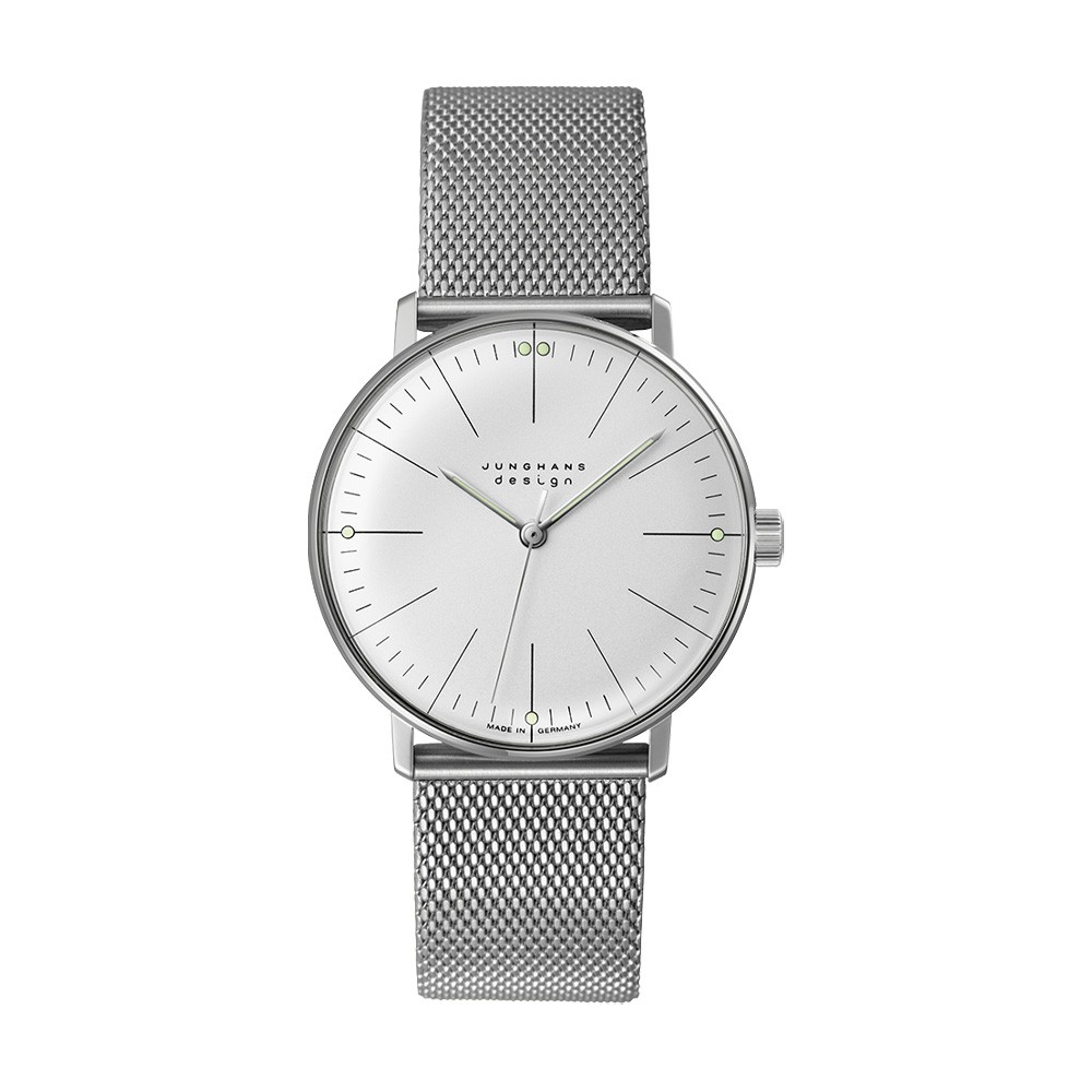 Orologio Junghans max bill Handaufzug con quadrante argento minimalista e bracciale in acciaio maglia milanese.