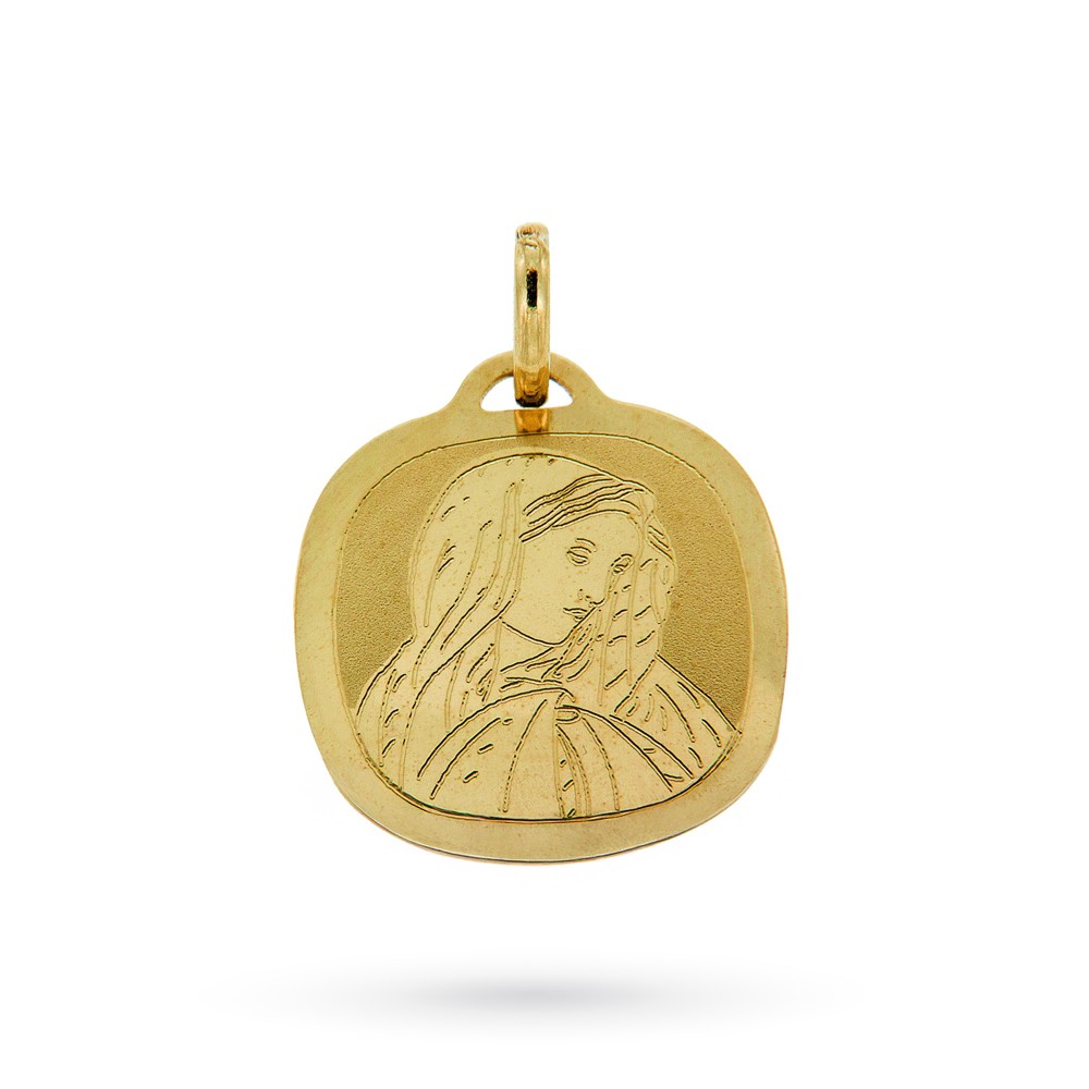 Ciondolo quadrato in oro giallo con Madonna incisa