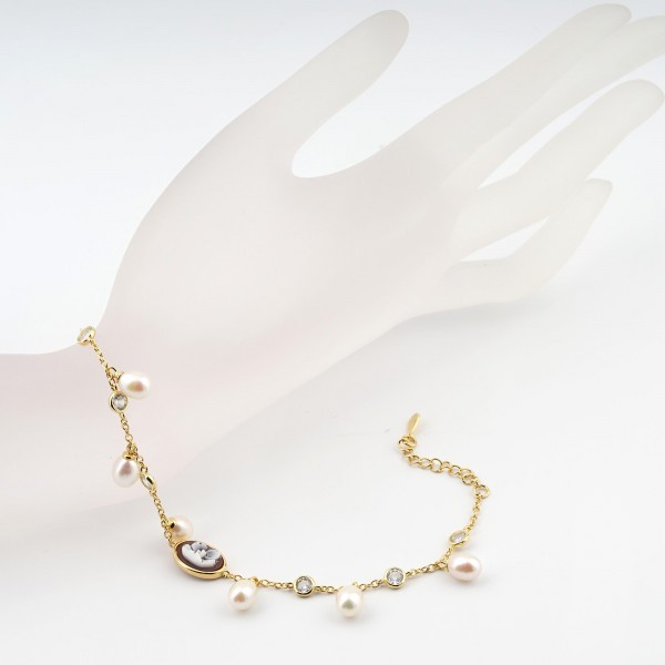 Gold plated silver bracelet with pearls and flower cameo - CAMEO ITALIANO