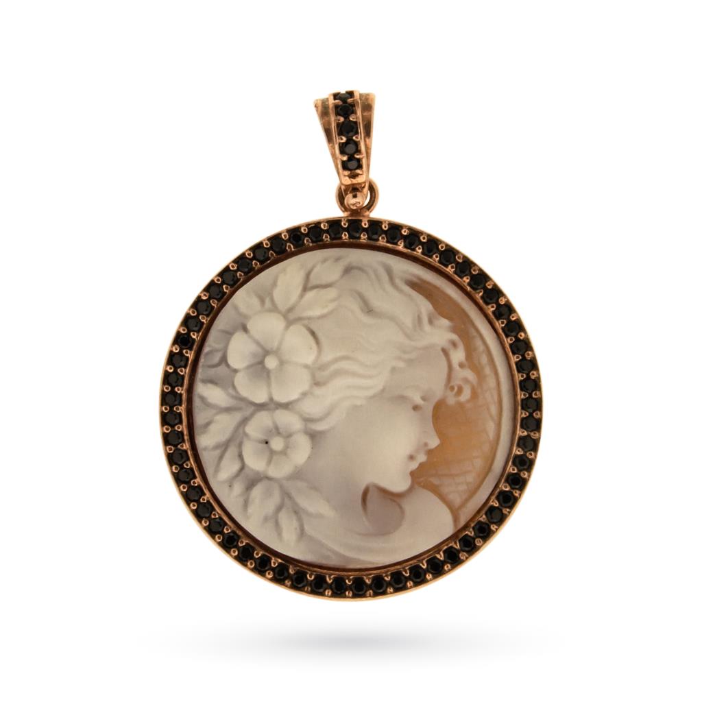 Round woman face cameo pendant and zircons - LUSSO ITALIANO