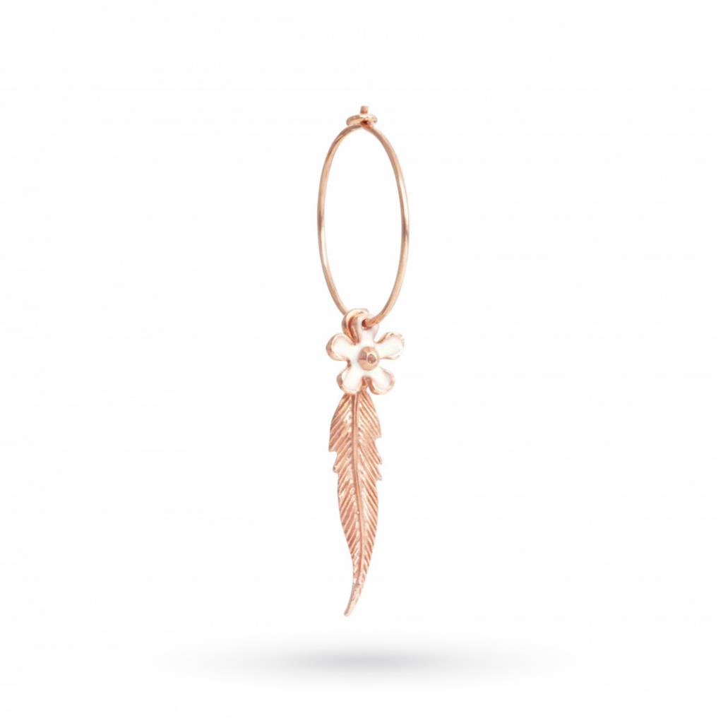 Single hoop earring with feather and white flower in 925 silver - MAMAN ET SOPHIE