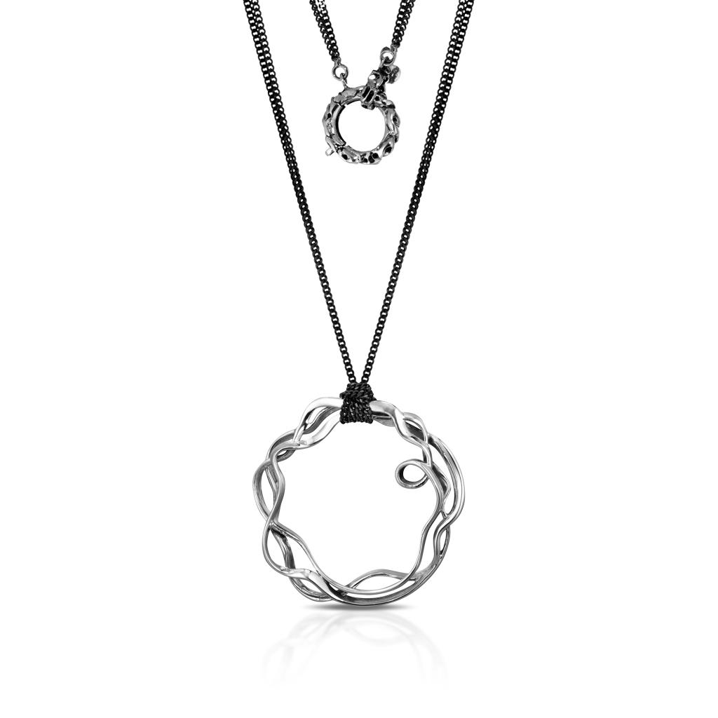  Collana lunga 90cm doppia catena in argento brunito e cerchio ricamato - MARESCA OFFICINE ORAFE