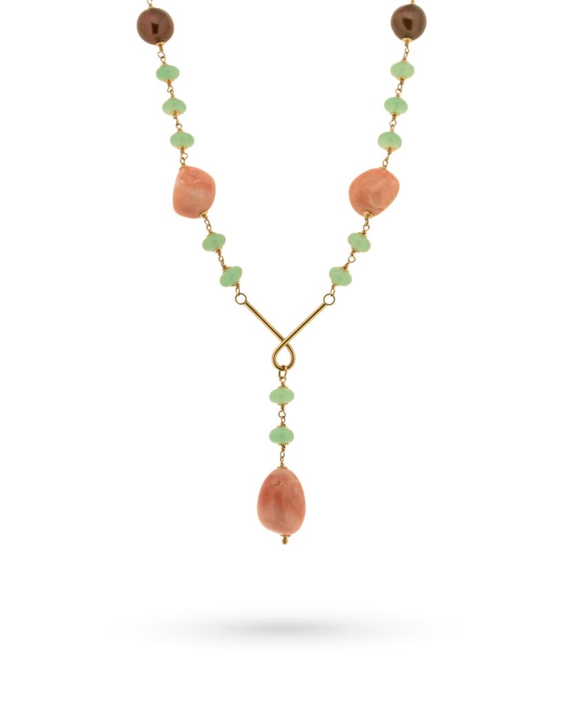 Collana in oro giallo con quarzi, perle e corallo rosa - LUSSO ITALIANO