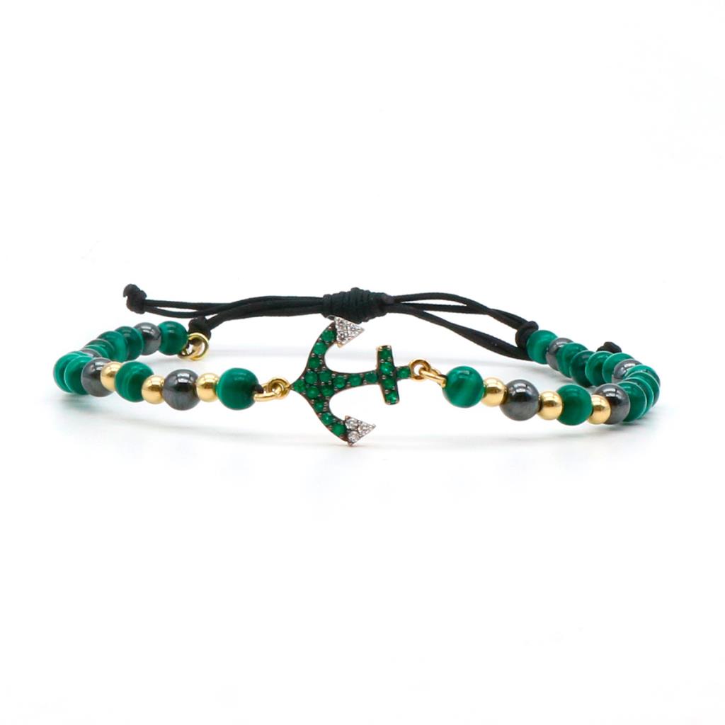 Yellow gold anchor bracelet with emeralds, diamonds and malachite - MATTIA MAZZA