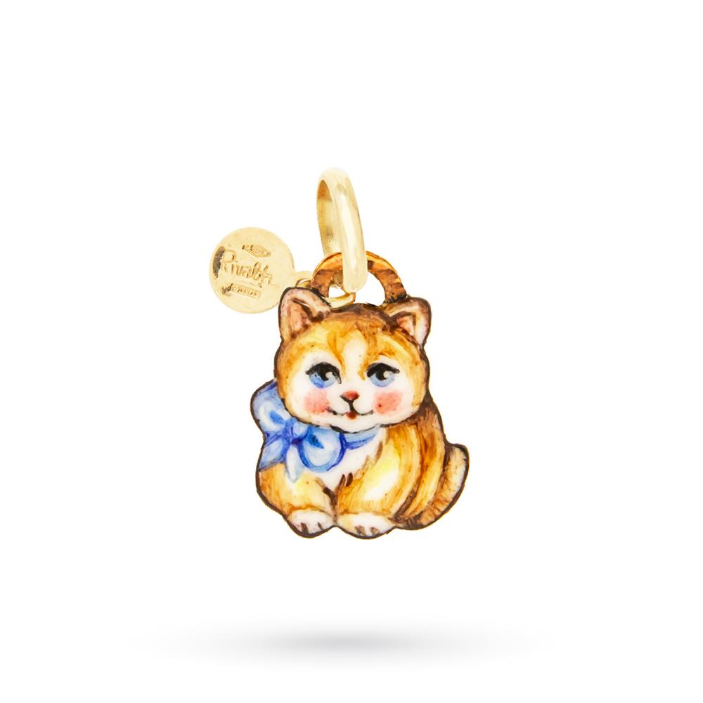 Gabriella Rivalta kitten blue ribbon pendant gold copper - GABRIELLA RIVALTA