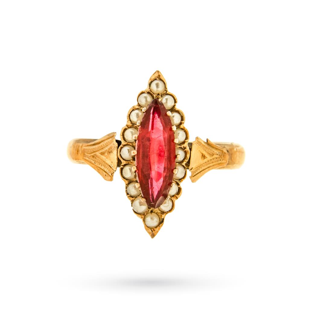  Anello vintage a navetta corindone rosso e perle - 