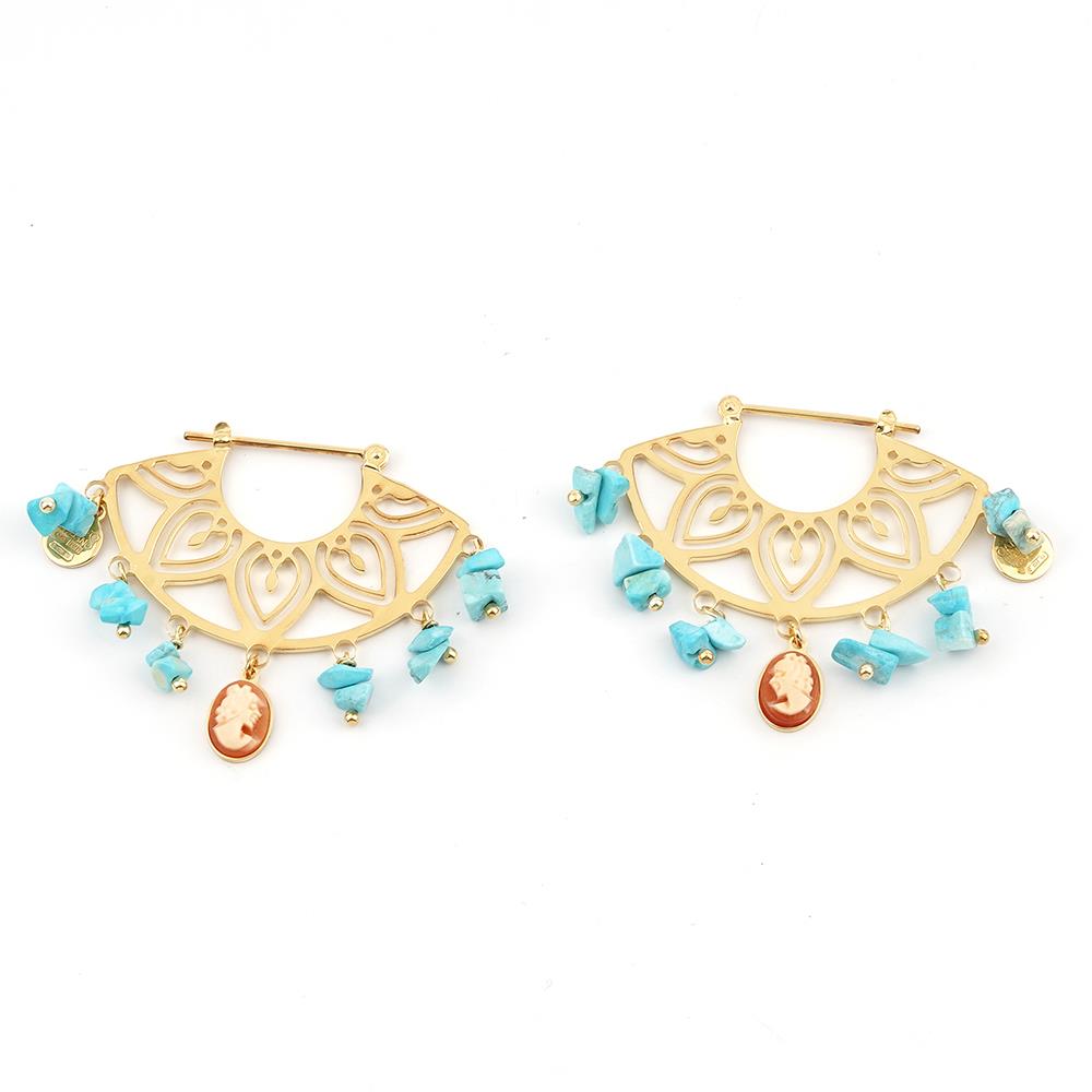 Orecchini argento dorato fiore turchesi cameo viso 8mm - CAMEO ITALIANO