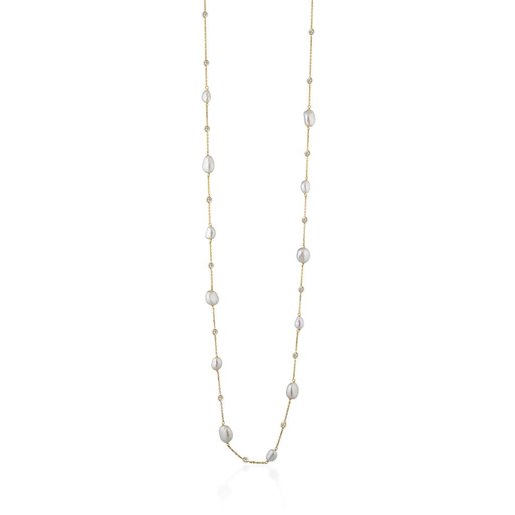 Collana lunga argento dorato zirconi e perle 90cm - GLAMOUR