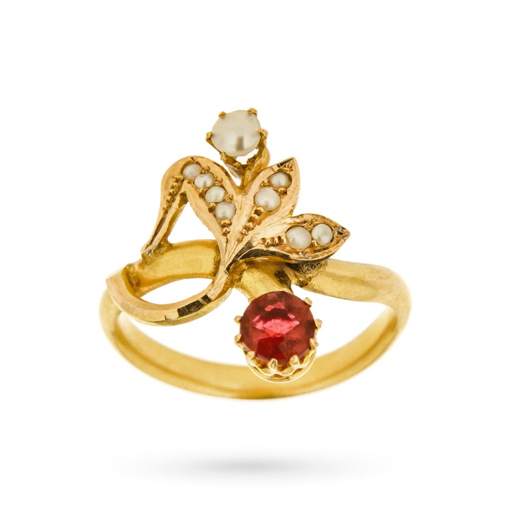 Anello vintage floreale oro giallo perle gemma rossa - 