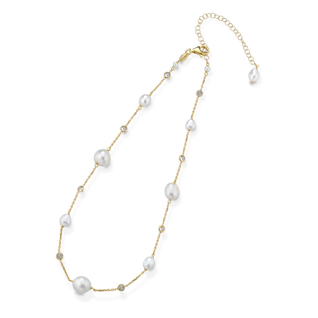 Golden silver necklace with cubic zirconia and white pearls 38cm - GLAMOUR