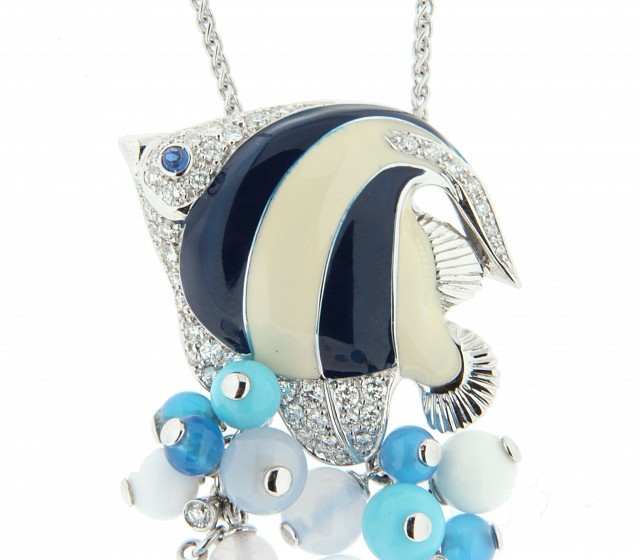  Girocollo con pesce in oro bianco smaltato con quarzi e diamanti - ORO TREND