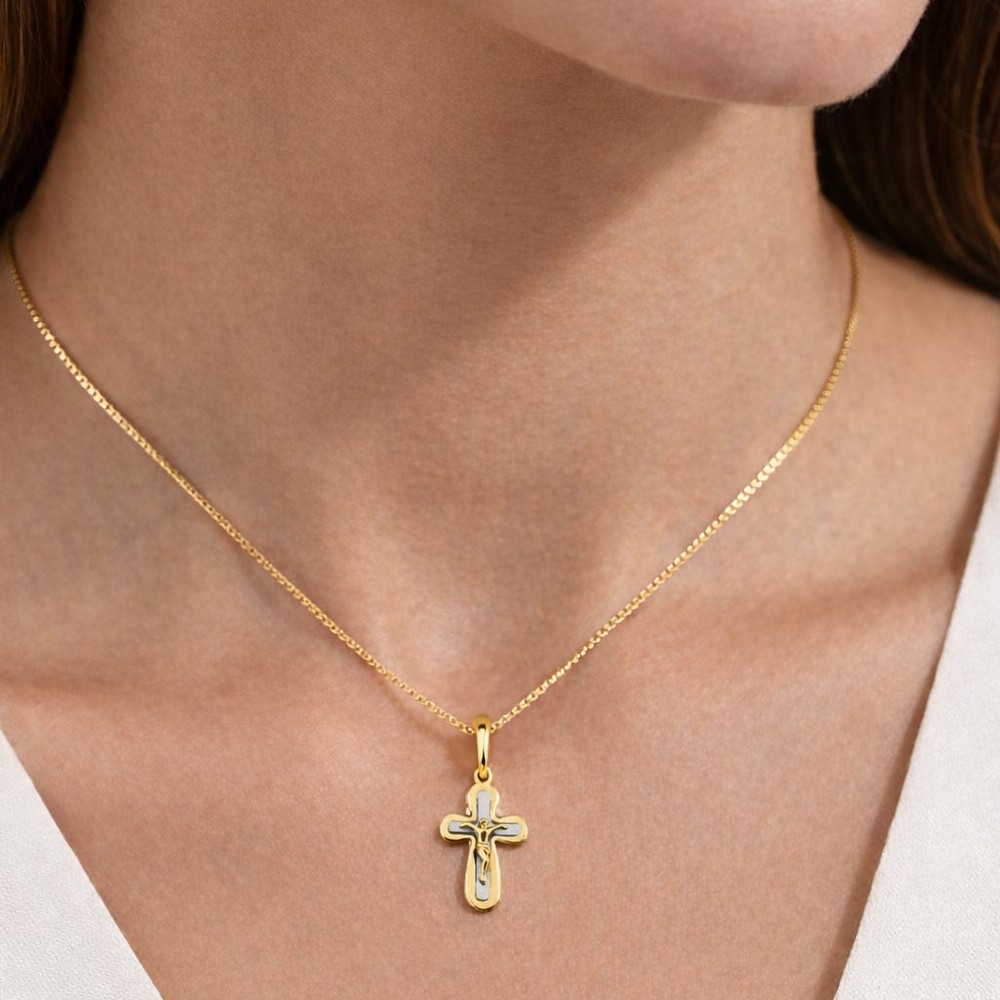 Croce Ges&ugrave; Crocifisso oro giallo bianco 18x25 mm - LUSSO ITALIANO