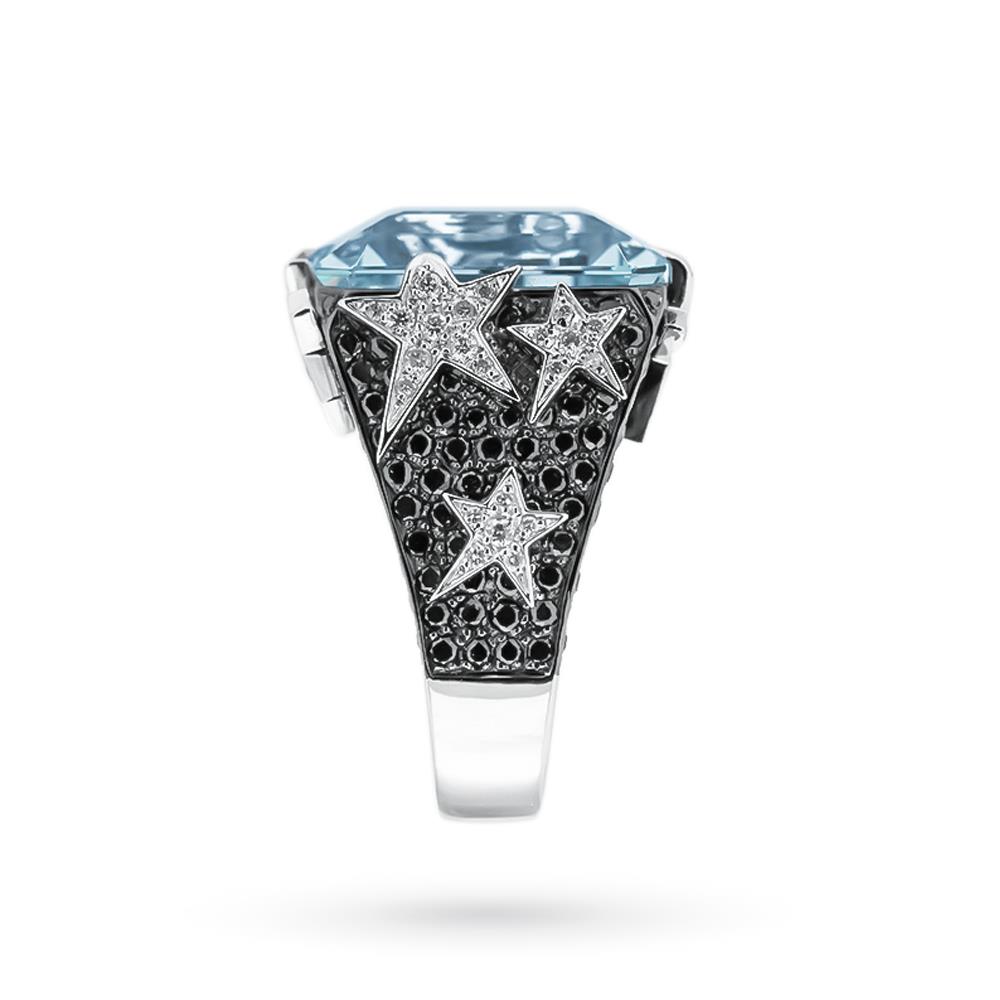  Large aquamarine gold ring white and black diamonds - CICALA