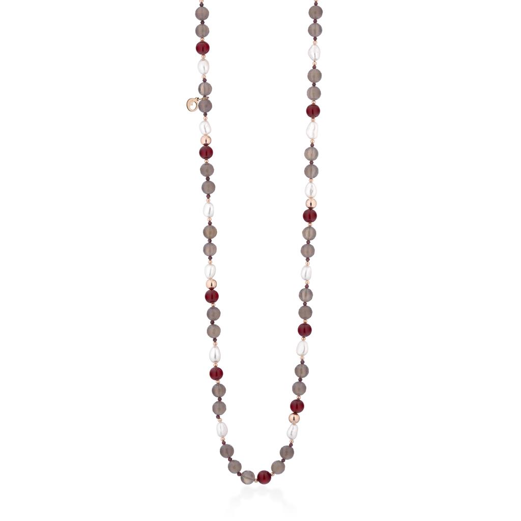 Pearl necklace, pink silver and red and gray agate - GLAMOUR BY LELUNE