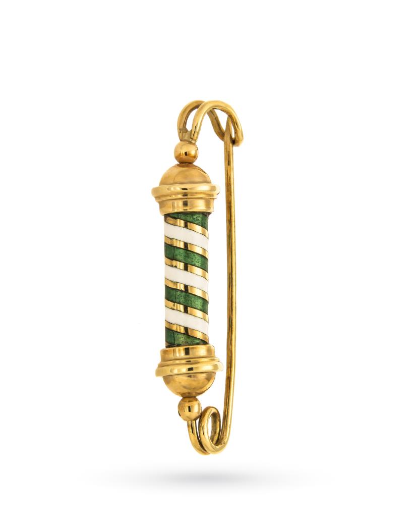 Label pin 18kt yellow gold with green and white enamel - UNBRANDED