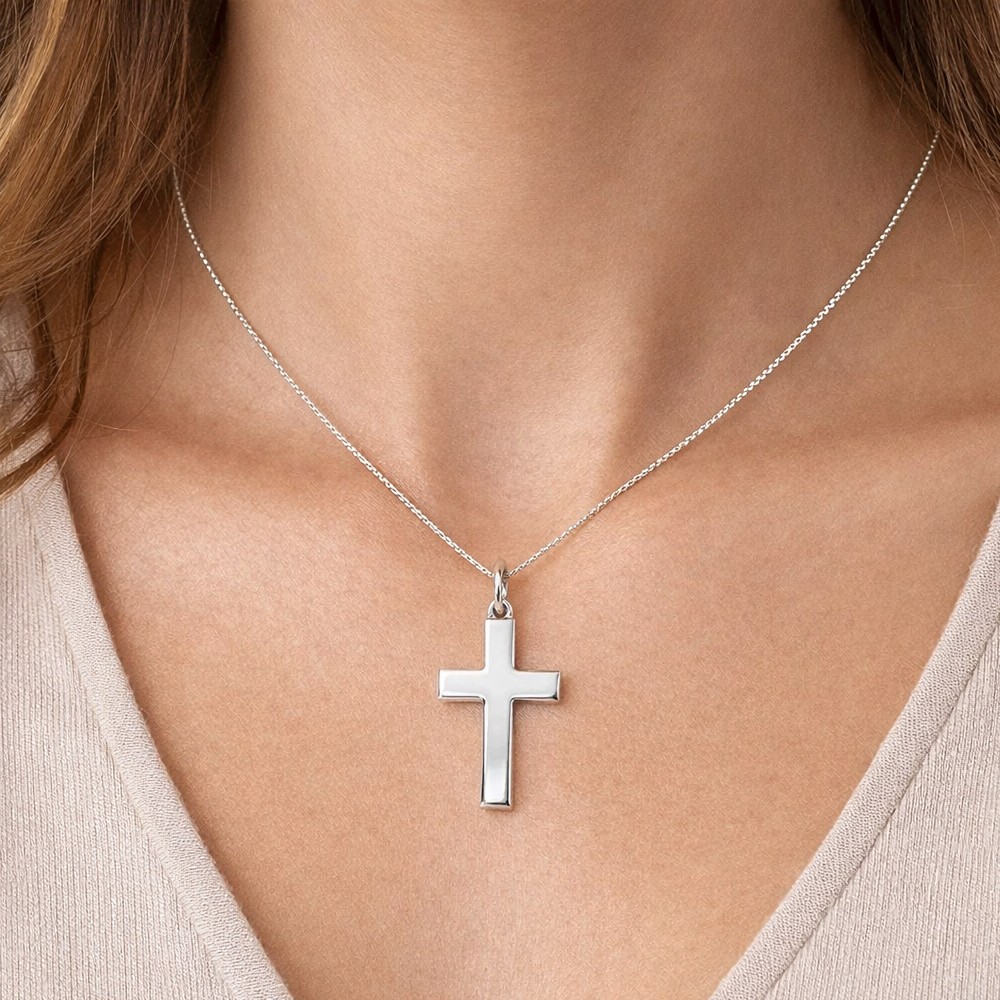 Smooth polished white gold flat cross pendant 26x15 mm - LUSSO ITALIANO