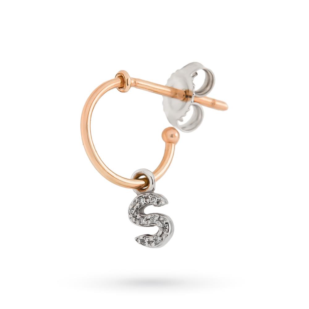 Single hoop earring letter S pendant gold diamonds - PINOMARINO