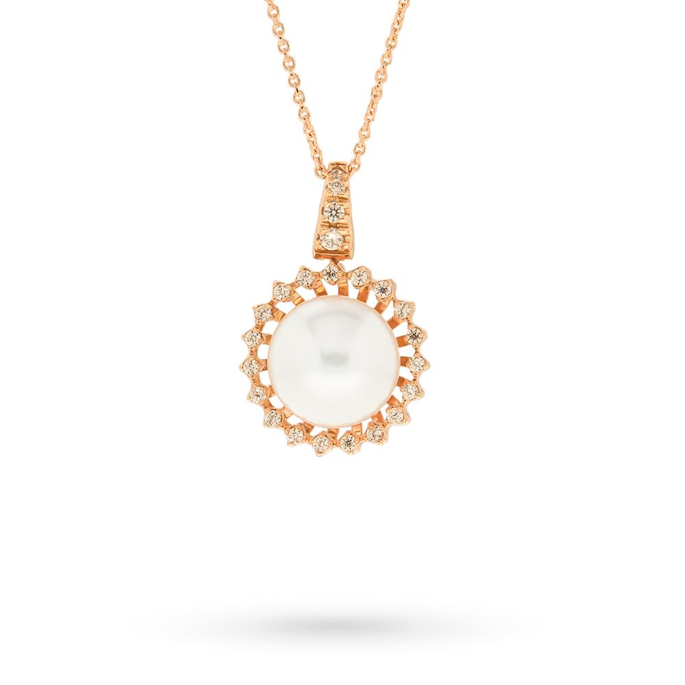 Girocollo in oro rosa con perla &Oslash;11mm e zaffiri bianchi - LUSSO ITALIANO