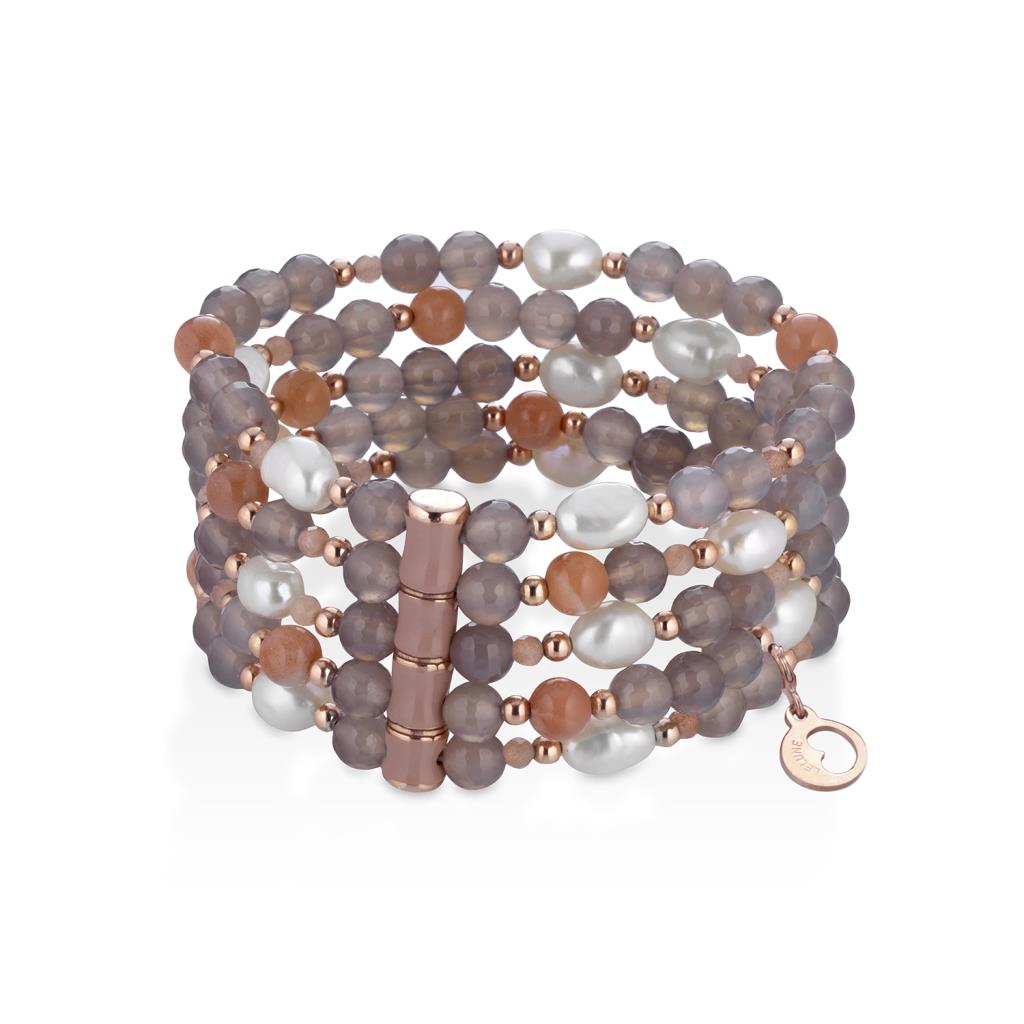 Elastic bracelet 5 strands agate, pearls, moonstone and powder enamel - GLAMOUR BY LELUNE