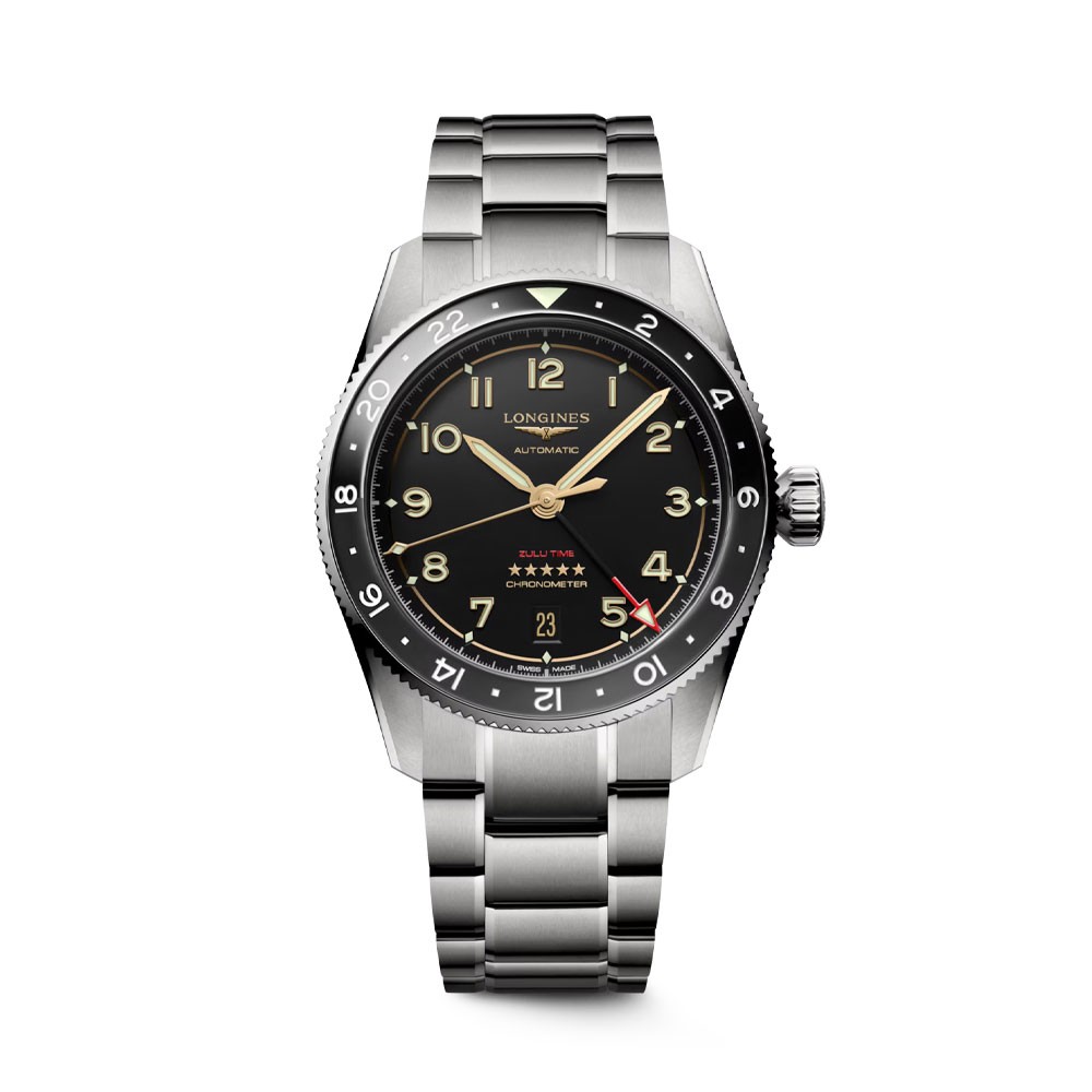 Longines watch from the Spirit Zulu Time collection in titanium with automatic GMT movement and black dial.