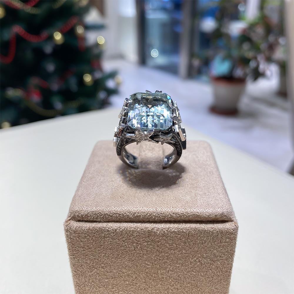  Large aquamarine gold ring white and black diamonds - CICALA