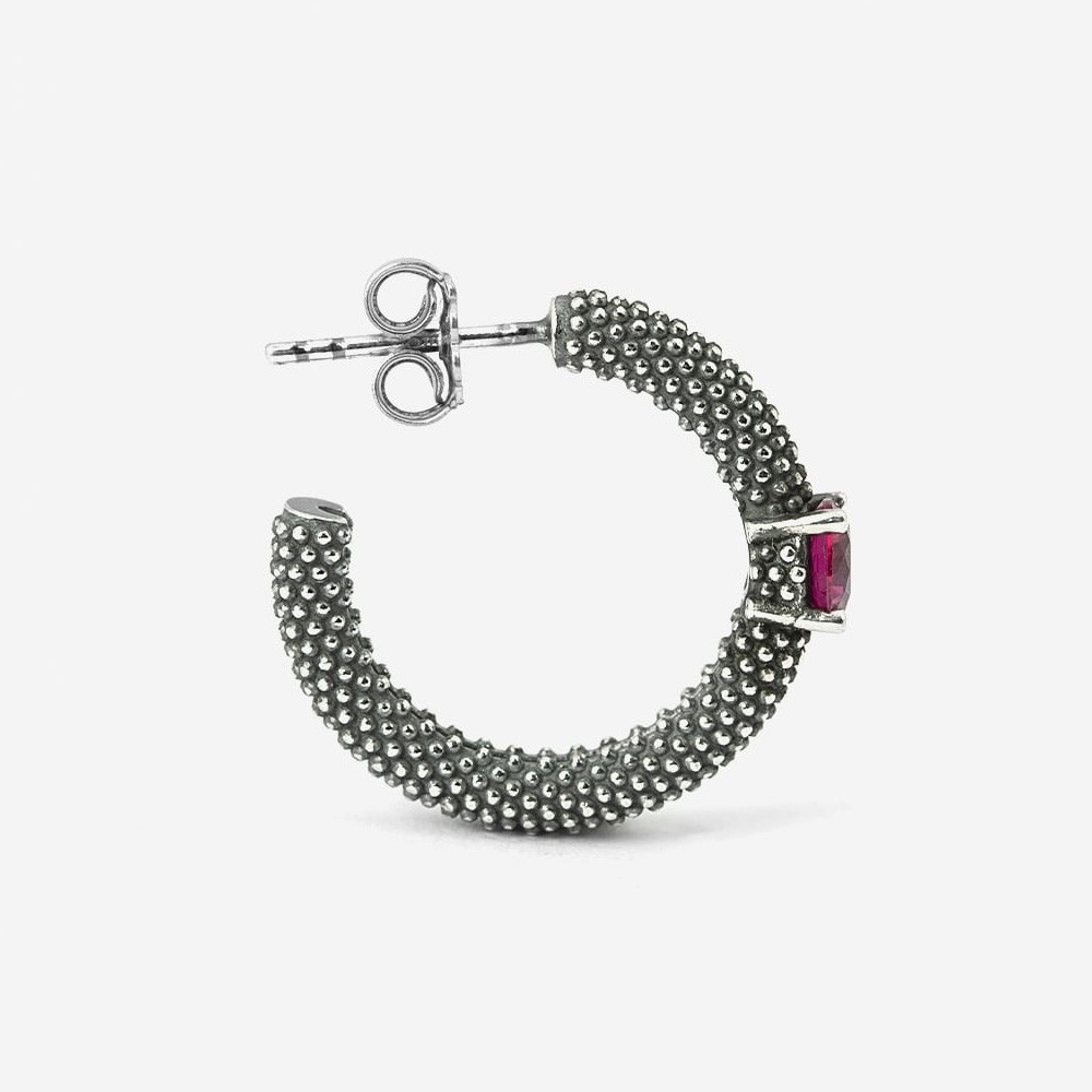  Mono orecchino cerchio pietra rossa puntinato argento 925 - NOVE25