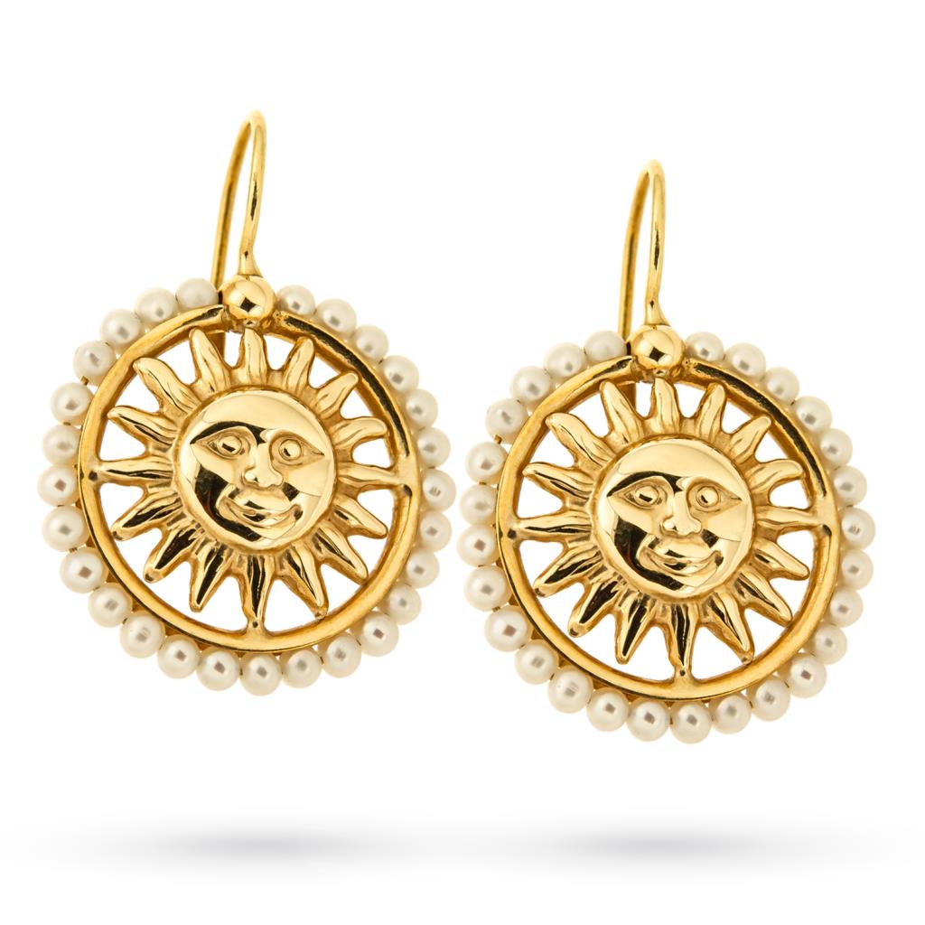Orecchini oro giallo 18kt sole cerchio perle bianche - UNBRANDED