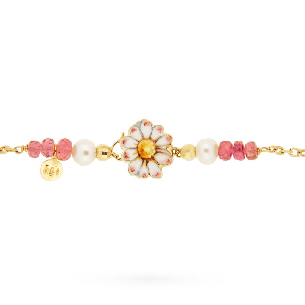 Bracciale oro 18kt con perle e tormaline e rosa smaltata - GABRIELLA RIVALTA
