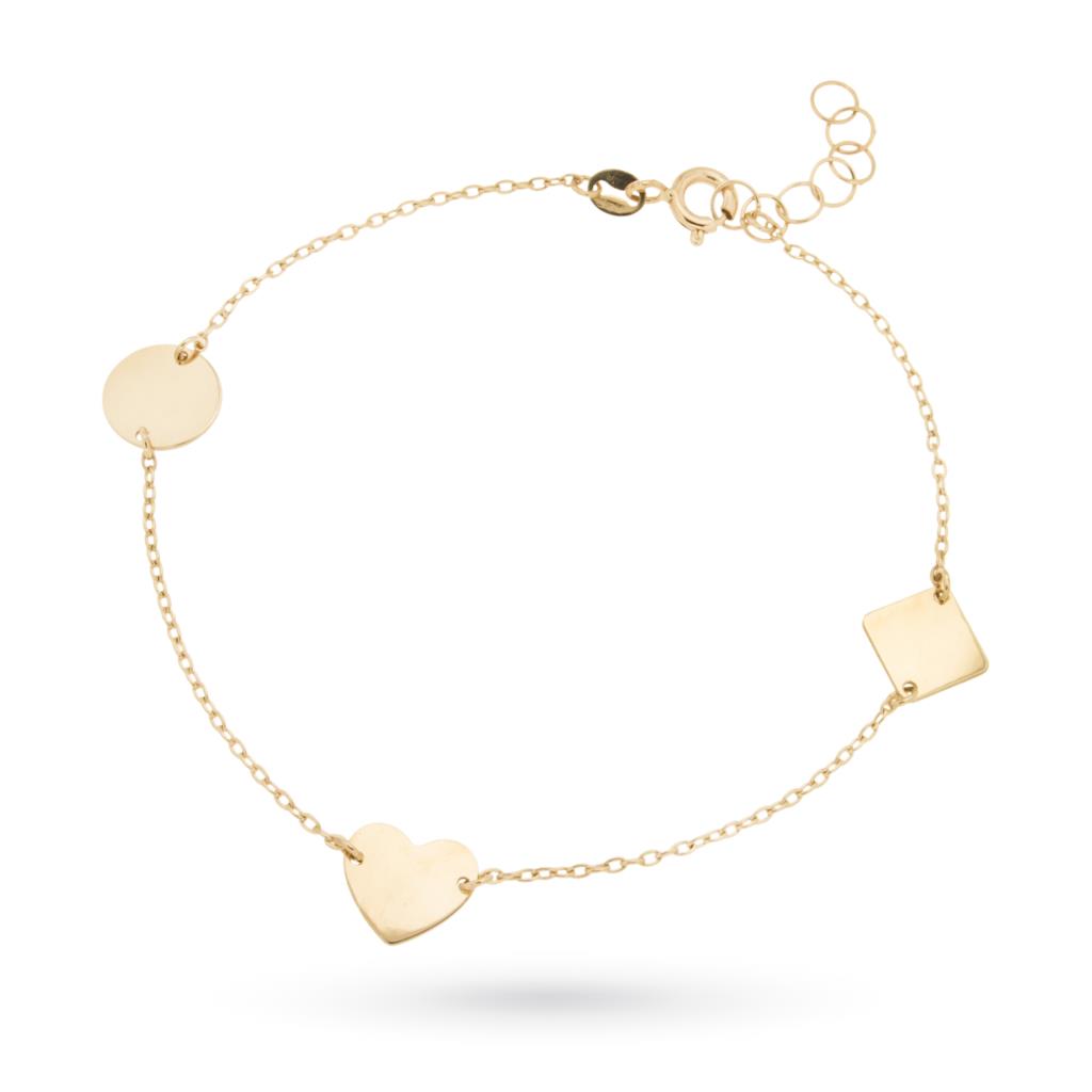 Bracciale con ciondoli cuore, rombo e piastrina in oro giallo 18kt - LUSSO ITALIANO
