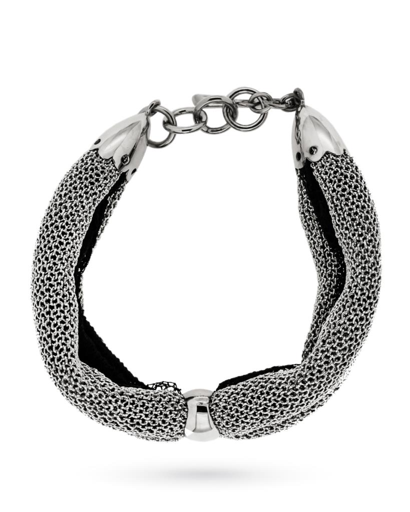 Bracciale in tessuto argentato e pizzo nero - 