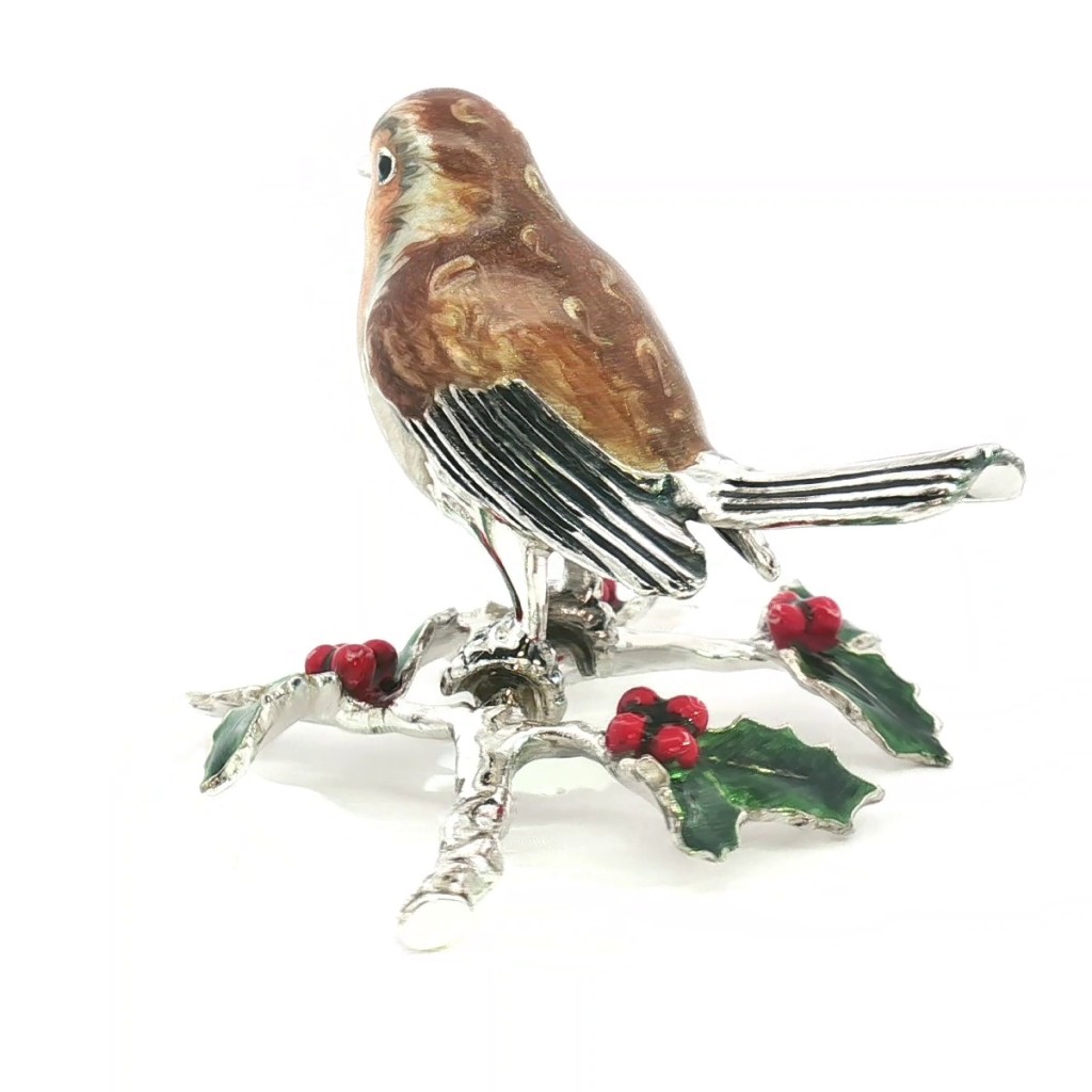  Pettirosso su agrifoglio soprammobile argento 925 smalto - SATURNO