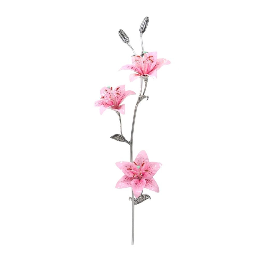 Lilium 3 Fiori Dipinti A Mano Rosa Soprammobile Argento